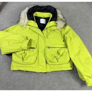 Anthropologie L Cropped Hooded Puffer Coat Lime Green Lined Coat Faux Fur Trim